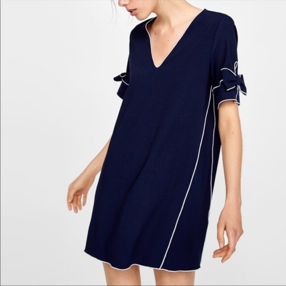 Zara Shift Dress with Bow and Contrast Piping sz XS
